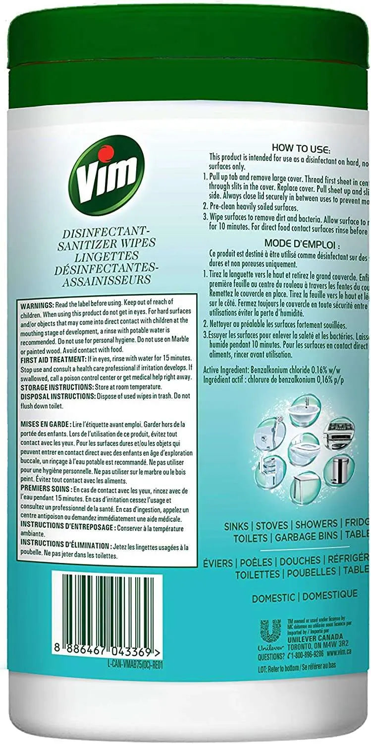 Vim Multi-Purpose Disinfectant-Sanitizer Wipes, 99.99% Virus and Bacteria Elimination, Ocean Scent, 75 Count, Cleans and Disinfects In One Wipes MK Smith's Shop
