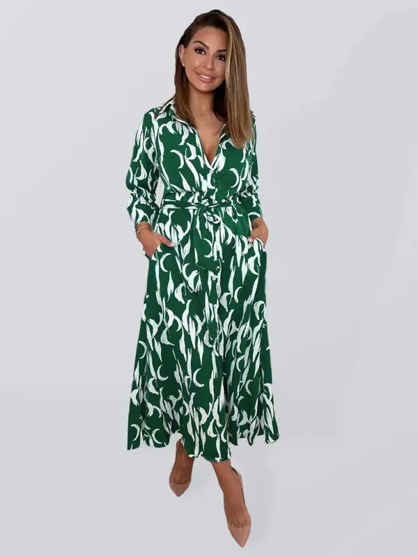 Women's Printed Cropped Sleeves Casual Mid-Length Shirt Dress MK Smith's Shop